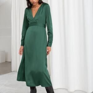 & Other Stories Dark Green Satin Midi Dress Size 6